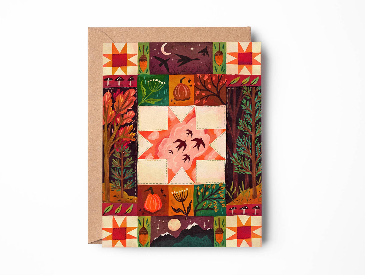 Fall Quilt Greeting Card, Autumn Stationery Blank Card